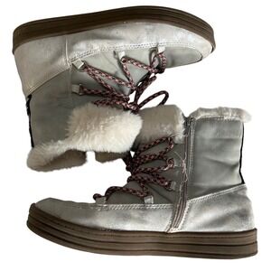 SPROX Kids Cozy Fur Lined Snow Boots Gray‎ Pink Laces Stars Side Zip
